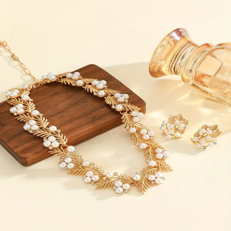 18k Gold plated pearl Necklace with Earrings